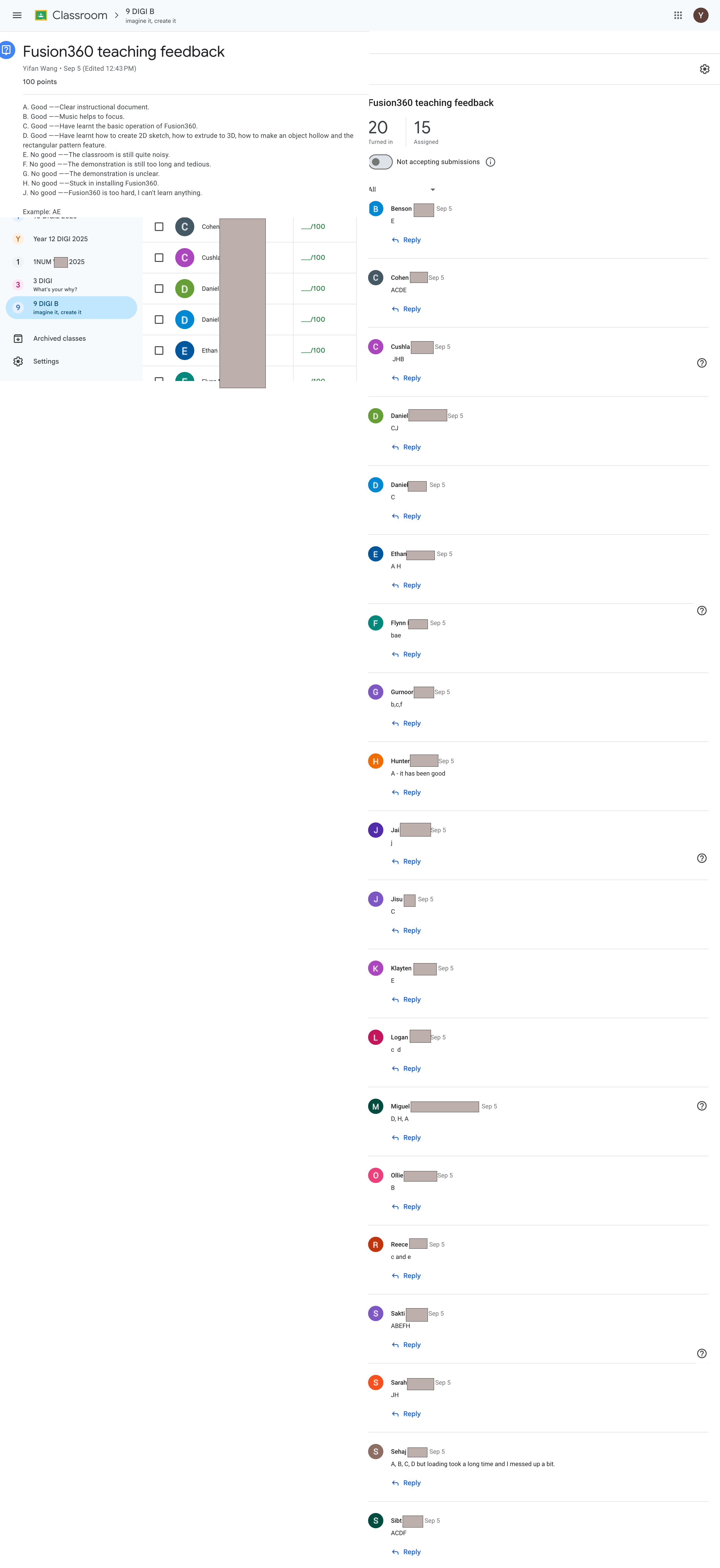 Student feedback charts and comments